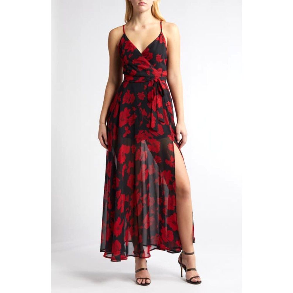 NWT Lulus Maxi Dress Best Occasion Black Floral Red Chiffon Wedding Women Medium